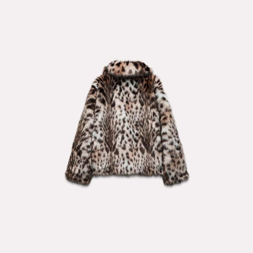 Ladies Chic and Stylish Leopard Print Faux Fur Jacket