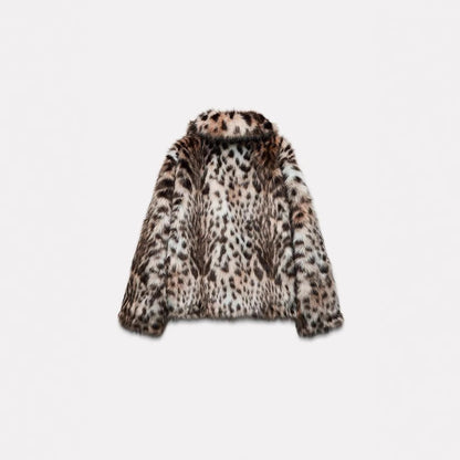 Ladies Chic and Stylish Leopard Print Faux Fur Jacket