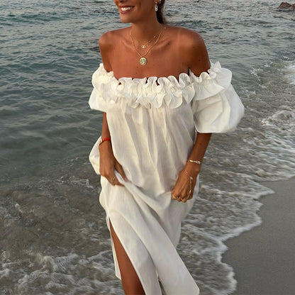 Robe maxi d'été pour femmes avec des détails en volants et une fente haute Chic und Stil