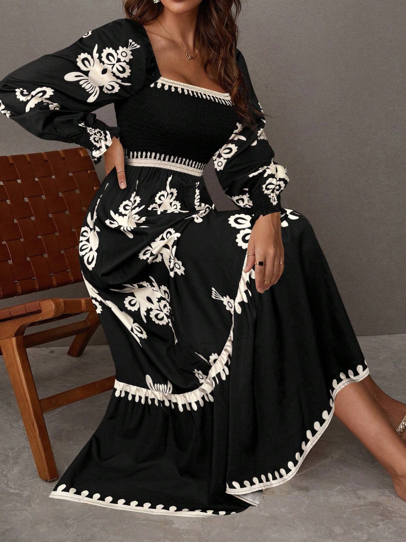 Femme Robe maxi élégante avec coupe à manches bouffantes et détails floraux Chic und Stil