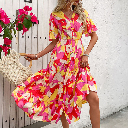 Robe midi florale à boutons pour femmes Chic und Stil