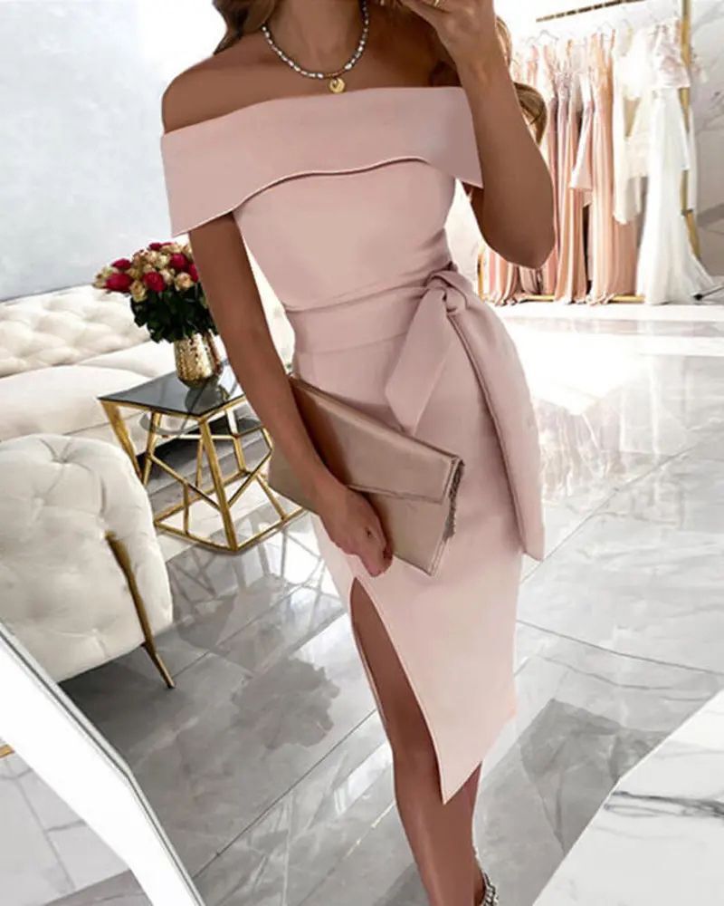 Women's Elegant Off-Shoulder Midi Dress with Side Slit Chic and Stylish