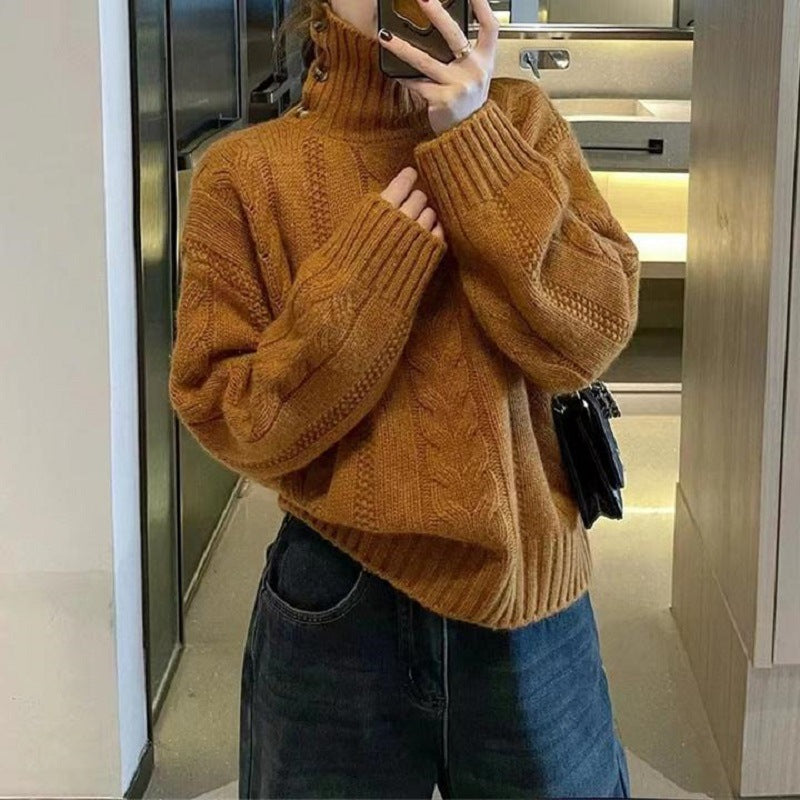 Pull en grosse maille pour femmes avec col haut et détails de bouton Chic und Stil