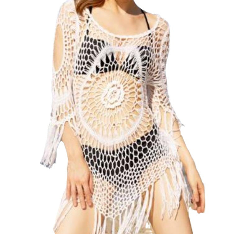 Dames crochet surdimensionné avec mailles ouvertes et franges Chic und Stil