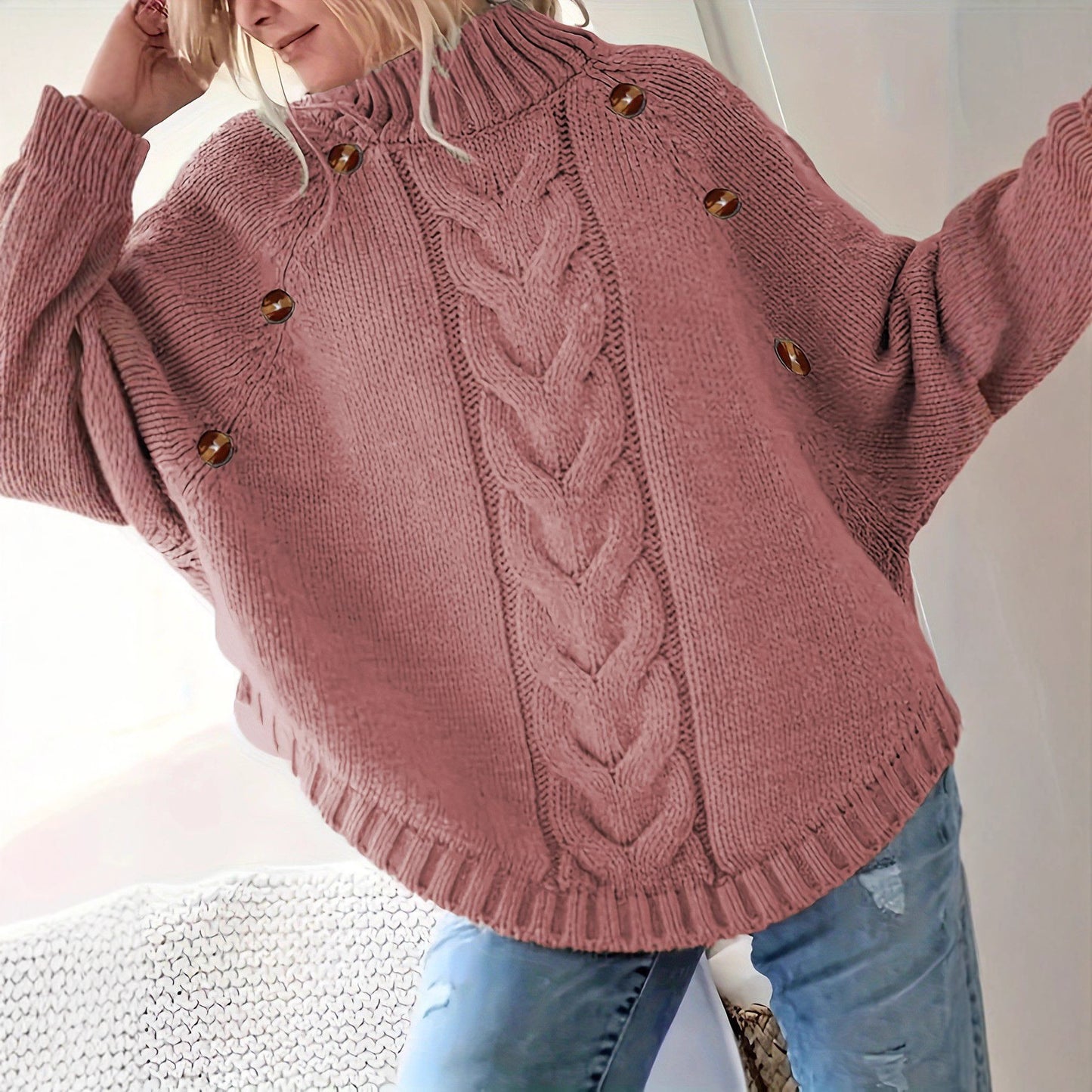 Pull en tricot surdimensionné pour femmes avec col montant et détails de bouton décoratifs Chic und Stil