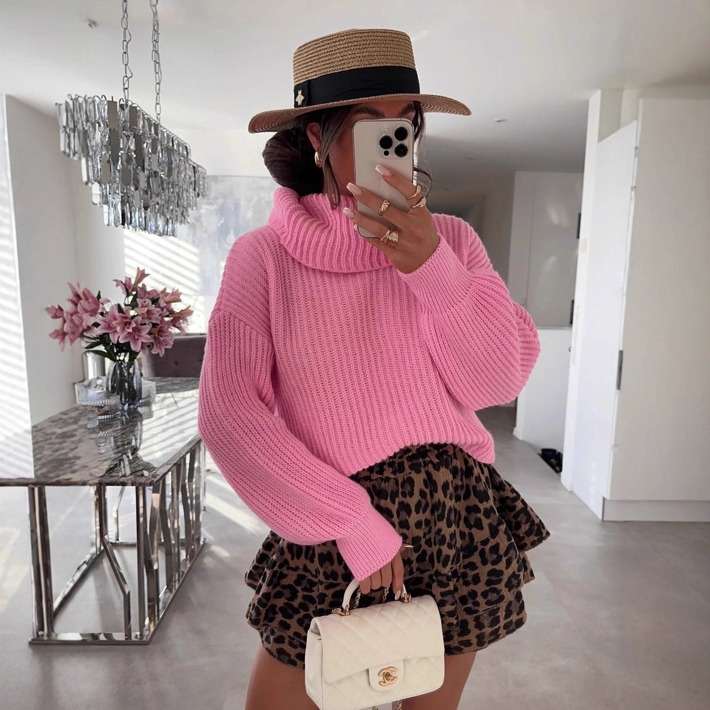 Pull en laine pour femmes avec col haut et manches volumineuses Chic und Stil