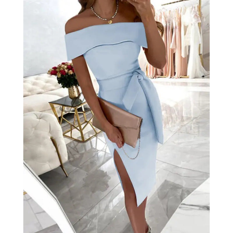 Robe bodycon élégante pour femmes à épaules dénudées avec fente latérale et détail de nœud Chic und Stil
