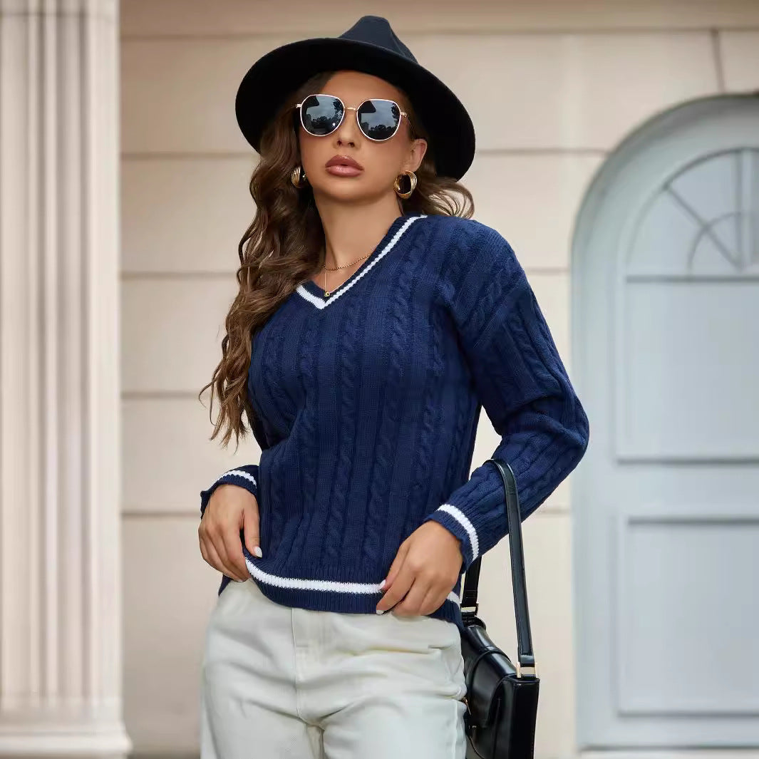 Pull en tricot pour femmes avec décolleté en V et motif en torsade Chic und Stil