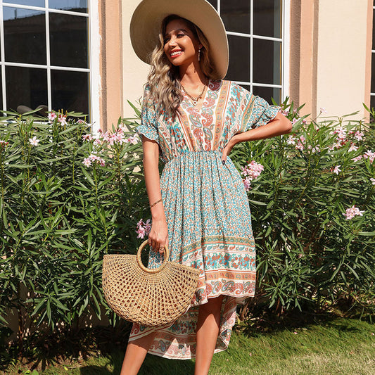 Robe midi boho femme à ourlet asymétrique avec imprime frappant Chic und Stil