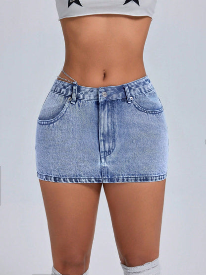 Jupe en denim mini taille haute pour femmes avec effet de lavage à la mode et poches latérales Chic und Stil