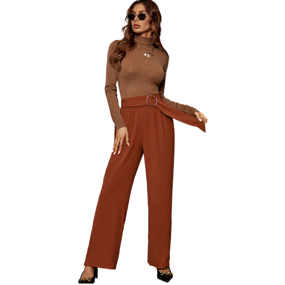 Dames élégante pantalon Palazzo taille haute avec ceinture à nouer sur le côté Chic und Stil
