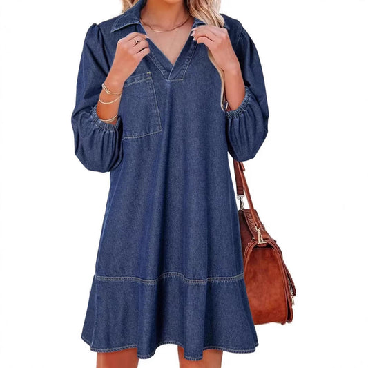 Robe en denim pour femmes avec des manches volumineuses et une poche latérale Chic und Stil