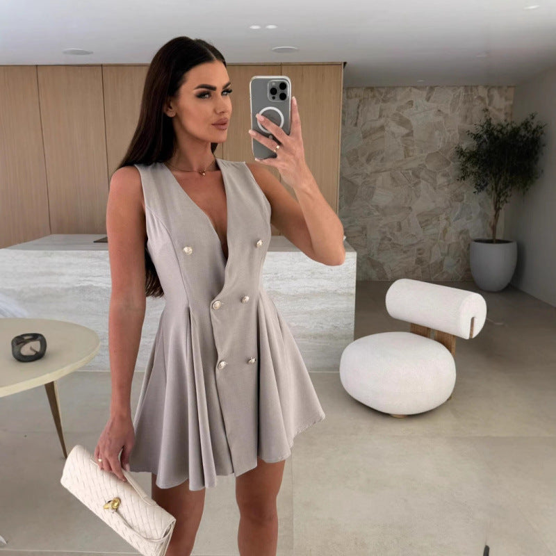 Robe A-line sans manches pour femmes avec double patte de boutonnage Chic und Stil