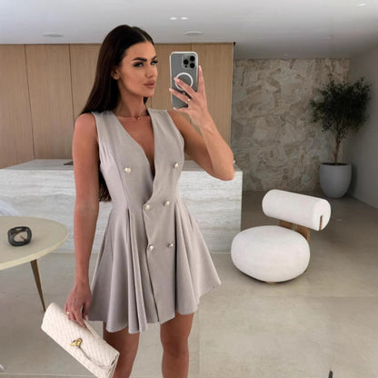Robe A-line sans manches pour femmes avec double patte de boutonnage Chic und Stil