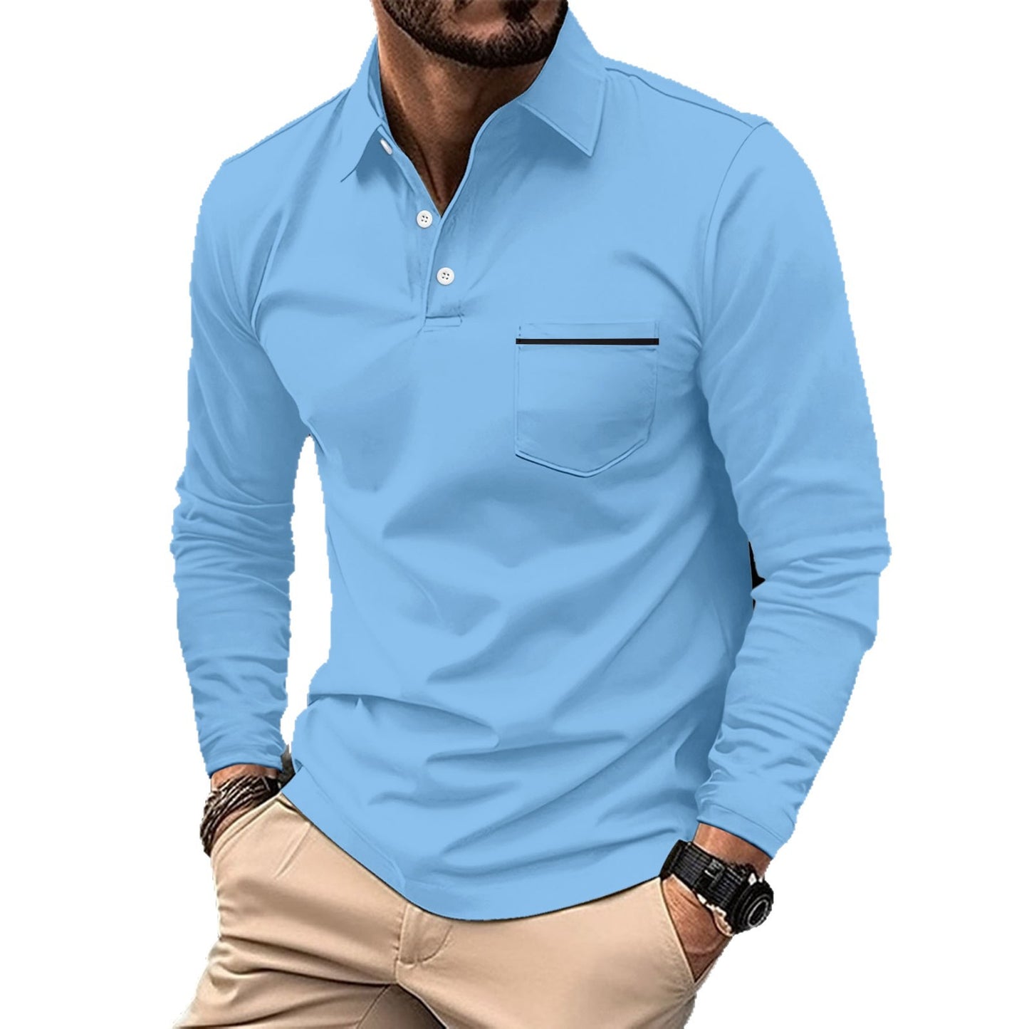 Men's Long Sleeve Polo with Trendy Stand-Up Collar and Practical Chest Pocket Chic and Style
