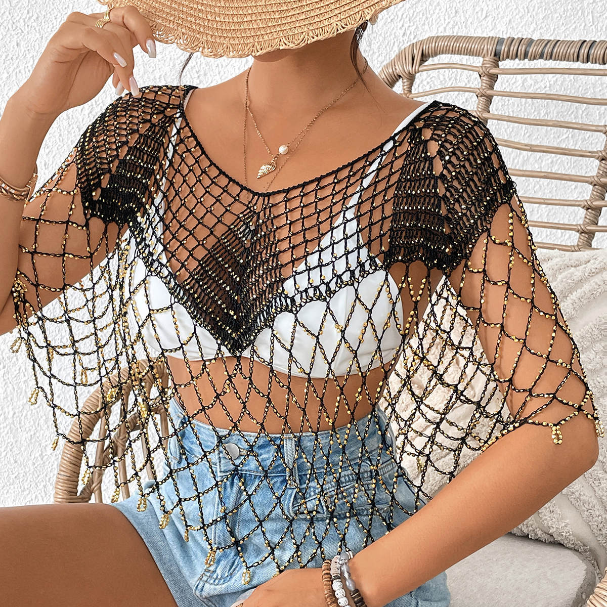 Dames Crochets Perles Couvrir Haut Chic und Stil