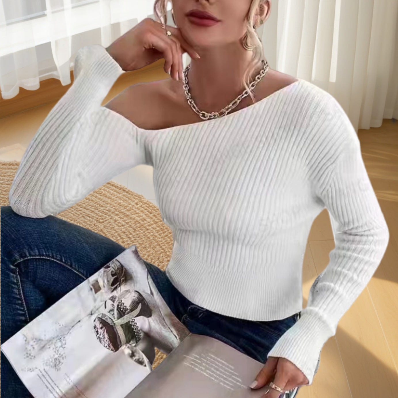 Femme pull surdimensionné avec design asymétrique et zone d'épaule ouverte Chic und Stil