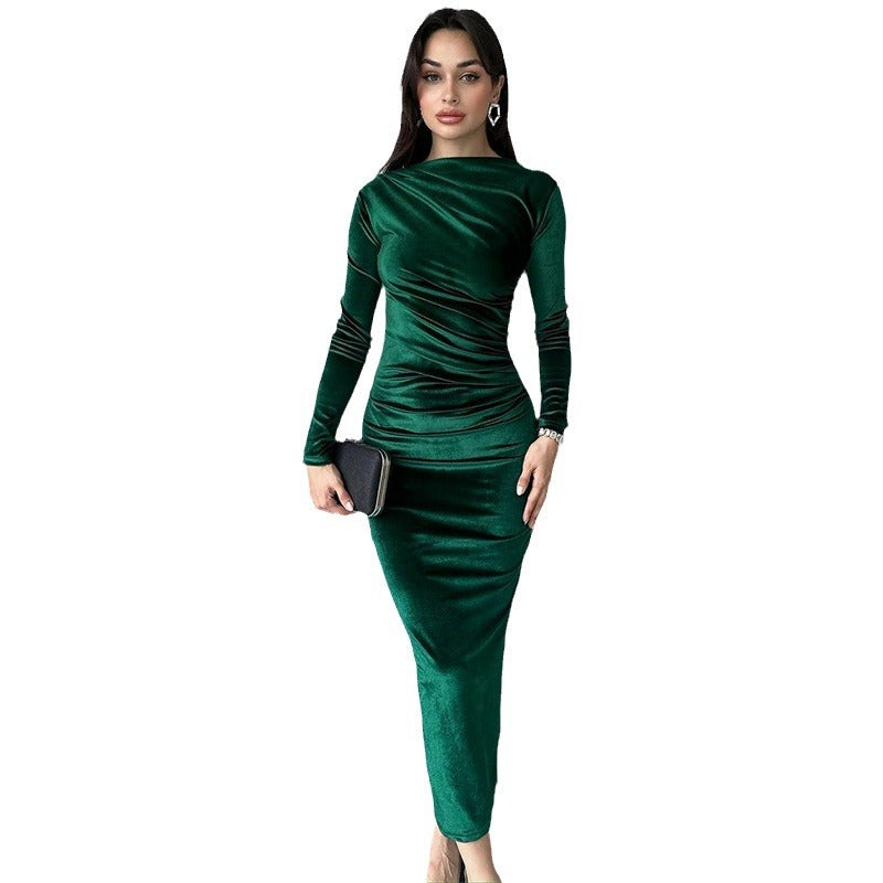 Dames Élégant Longue Manche Ruché Maxi Robe Chic und Stil