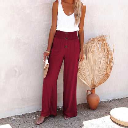 Chic and Style Women's Wide Palazzo Pants with Button Detail and Elastic Waist