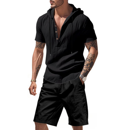 Homme Haut de loisirs à manches longues avec patte de boutonnage et shorts Chic und Stil