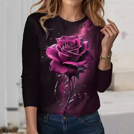 T-shirt pour femmes avec motif de rose artistique et manches longues Chic und Stil