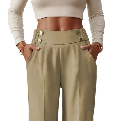 Ladies High-Waisted Wide Leg Pants with Chic and Stylish Button Details