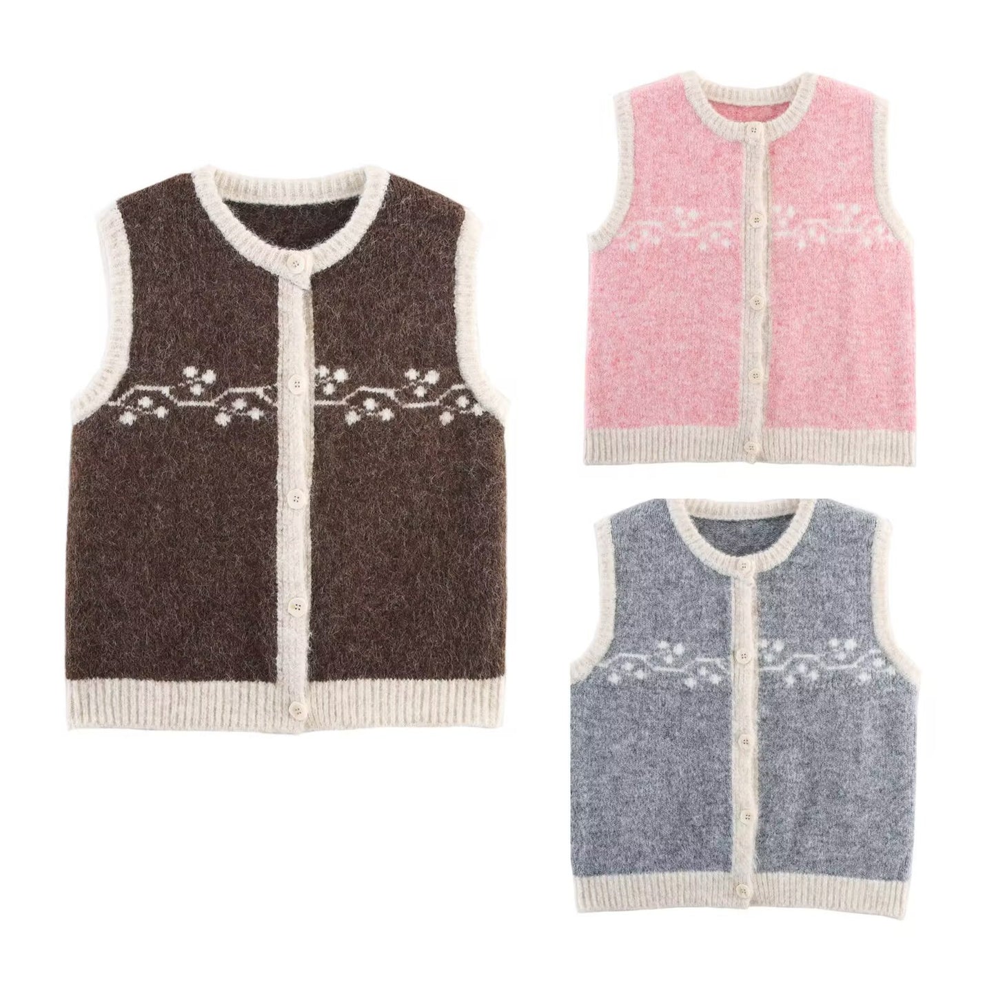 Dame gilet en tricot avec motif floral et détails de boutons Chic und Stil