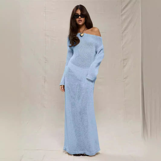 Robe maxi femme en crochet léger avec design off-shoulder Chic und Stil