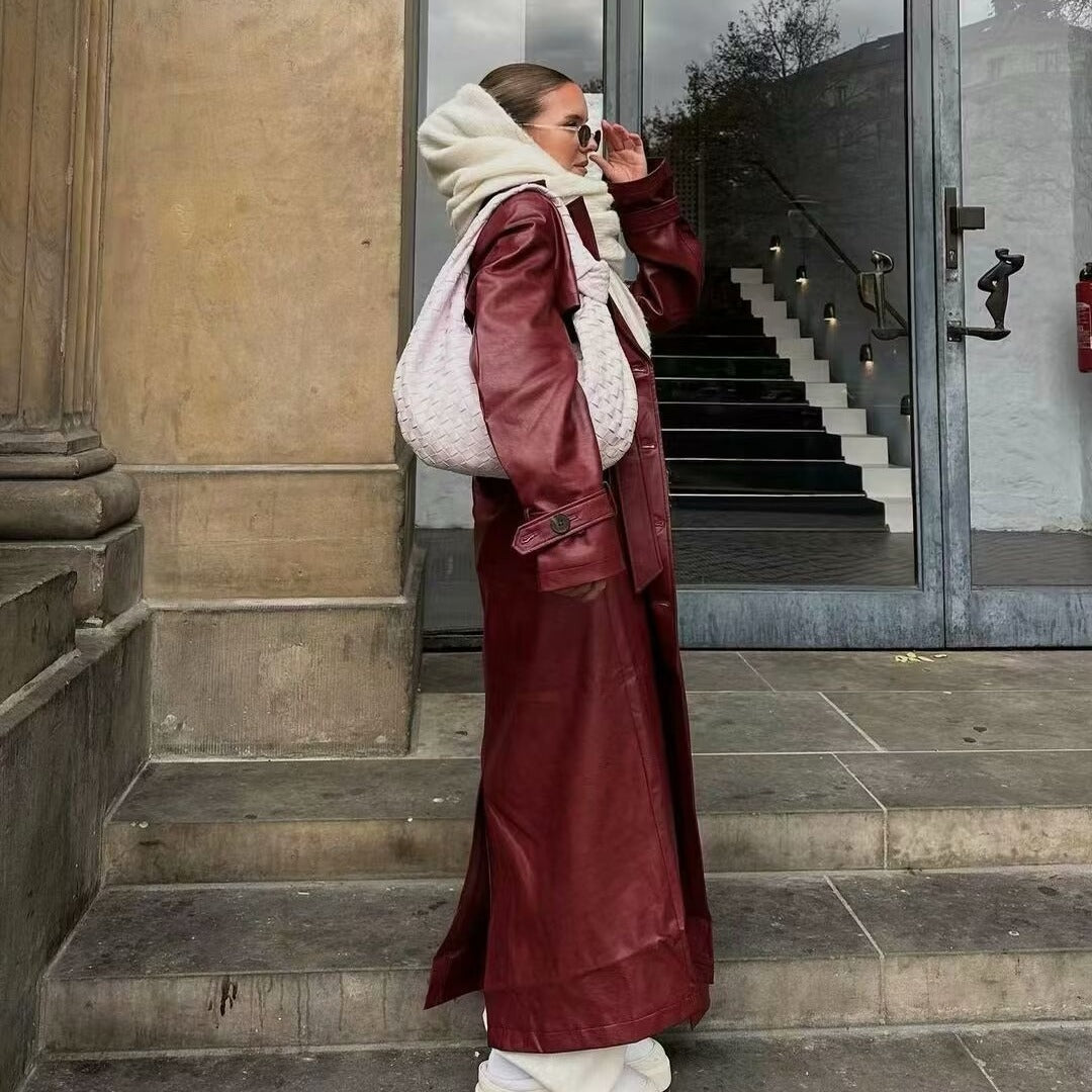 Dames élégante trench-coat en simili cuir avec ceinture et grands revers Chic und Stil