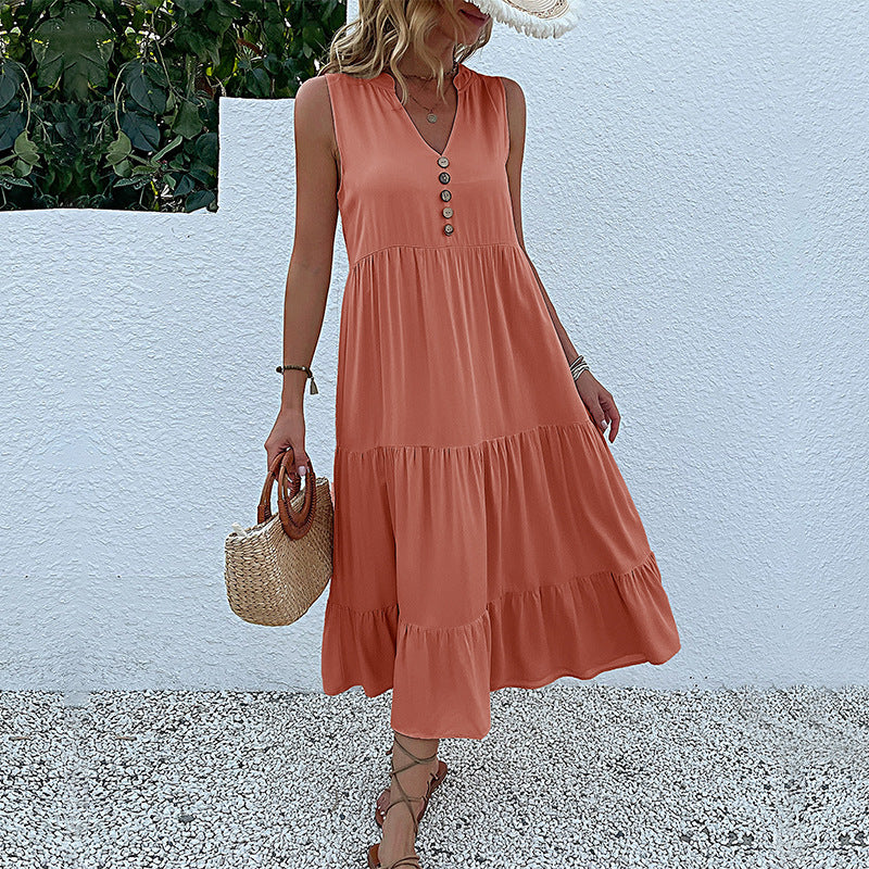 Robe maxi sans manches à volants pour femmes avec détail bouton Chic und Stil