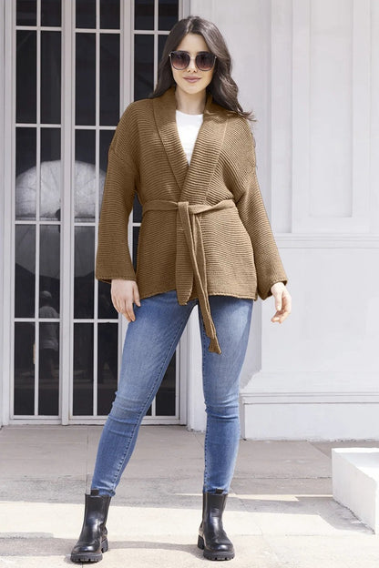 Cardigan tricot décontracté pour femmes avec ceinture à la taille et coutures d'épaules Chic und Stil
