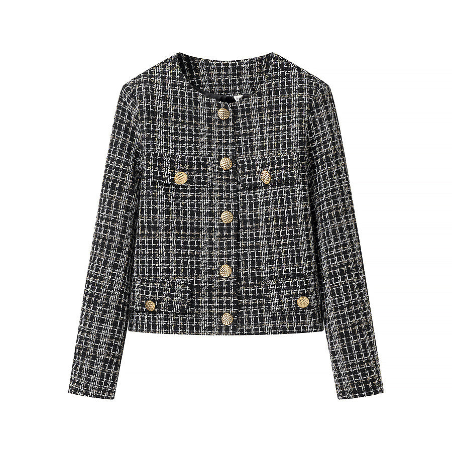 Dames élégante veste courte dans un style tweed à la mode avec des détails de boutons dorés Chic und Stil