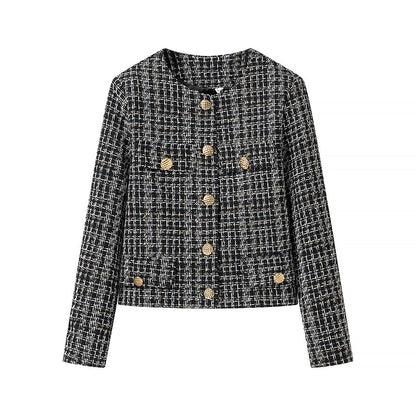 Dames élégante veste courte dans un style tweed à la mode avec des détails de boutons dorés Chic und Stil