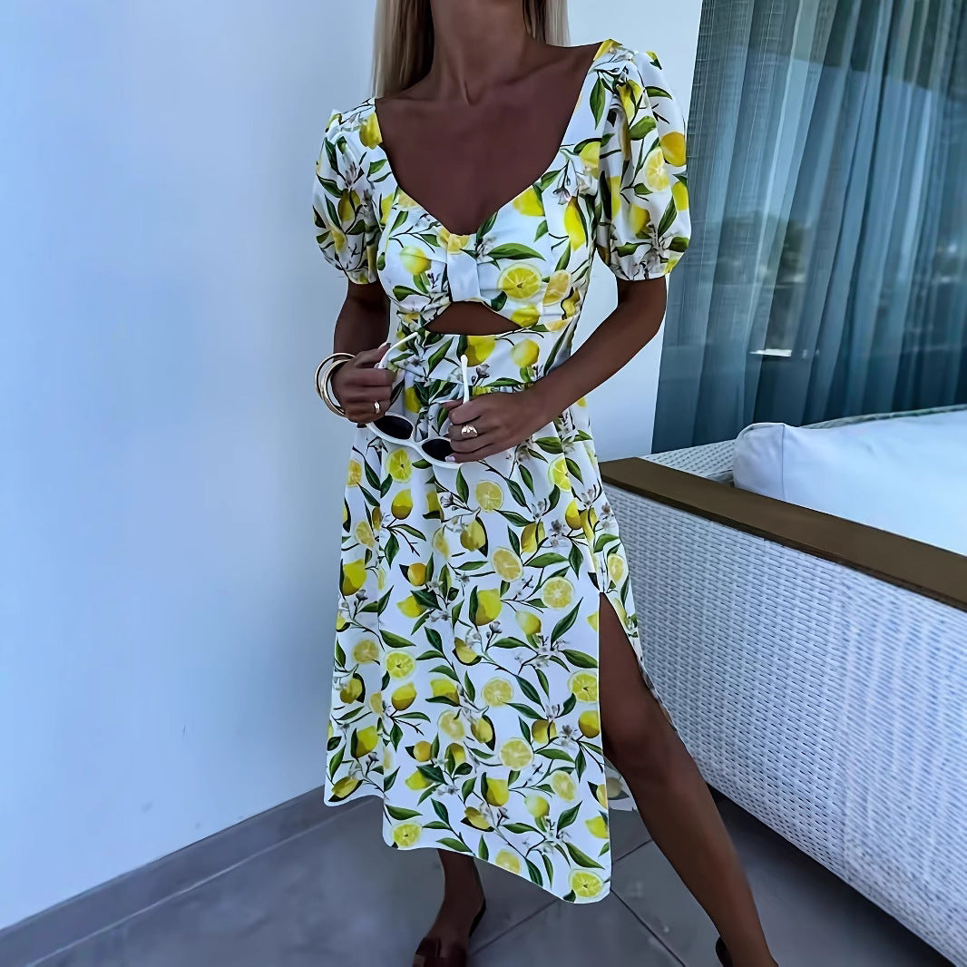 Robe maxi pour femmes avec imprimé fruité et fente latérale Chic und Stil