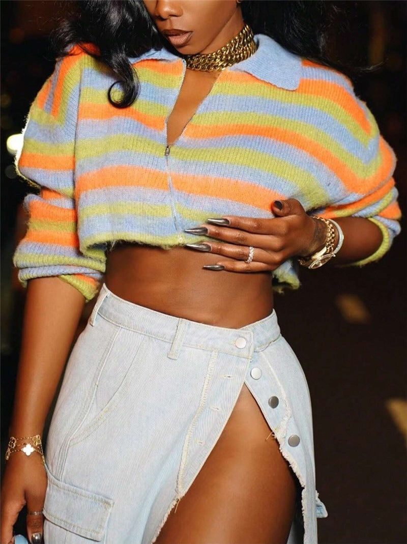 Dames cropped tricot pull avec fermeture éclair et motif rayé coloré Chic und Stil