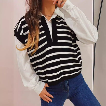 Pull polo décontracté pour femmes avec design rayé et manches bouffantes légères Chic und Stil