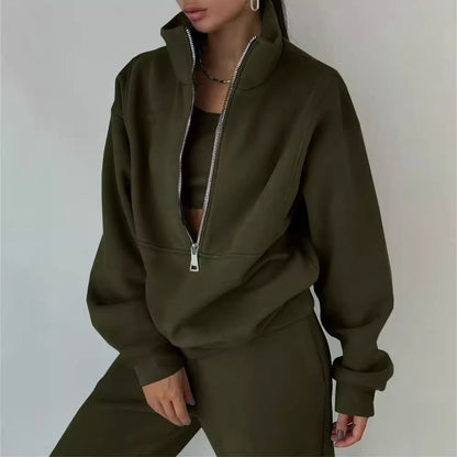 Dames Pull zippé de haute qualité avec col haut et intérieur doux Chic und Stil