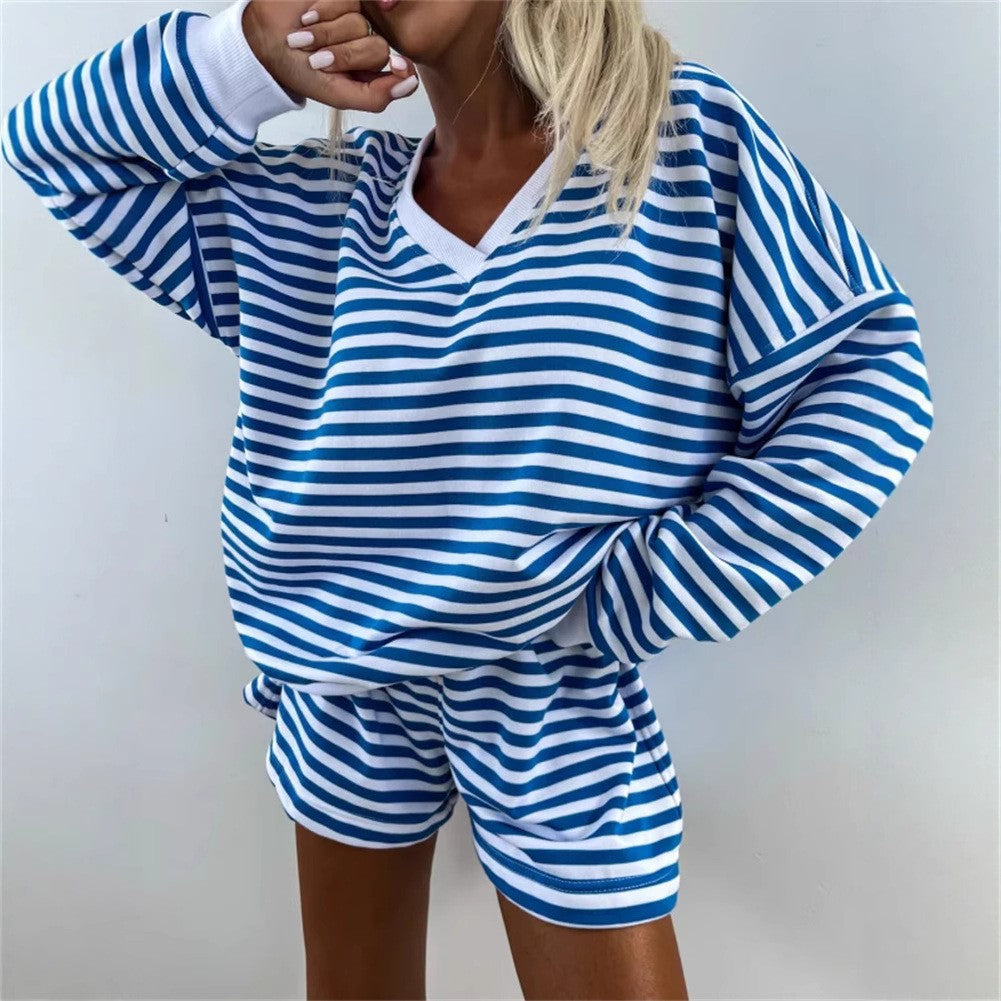 Women casual sweatshirt set with V-neck and sports shorts