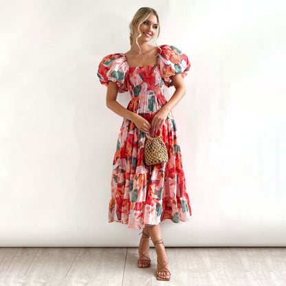 Dames Floral Puff Manche Midi Robe Chic und Stil