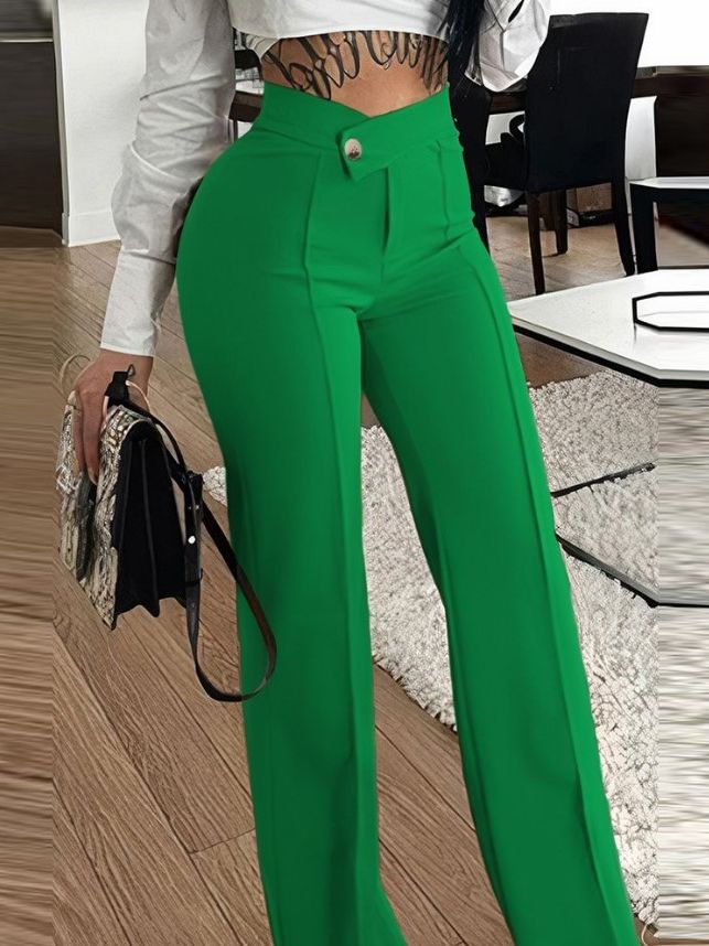 Ladies Elegant High Waist Pants with Decorative Button Details Chic and Style