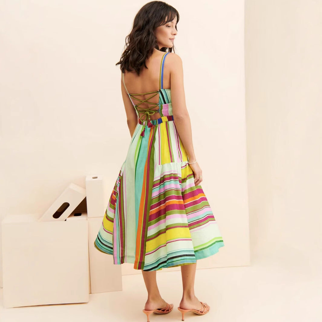 Robe d'été midi rayée pour femmes avec poches Chic und Stil