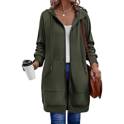 Ladies long hooded jacket with zipper and practical pockets Chic and Style