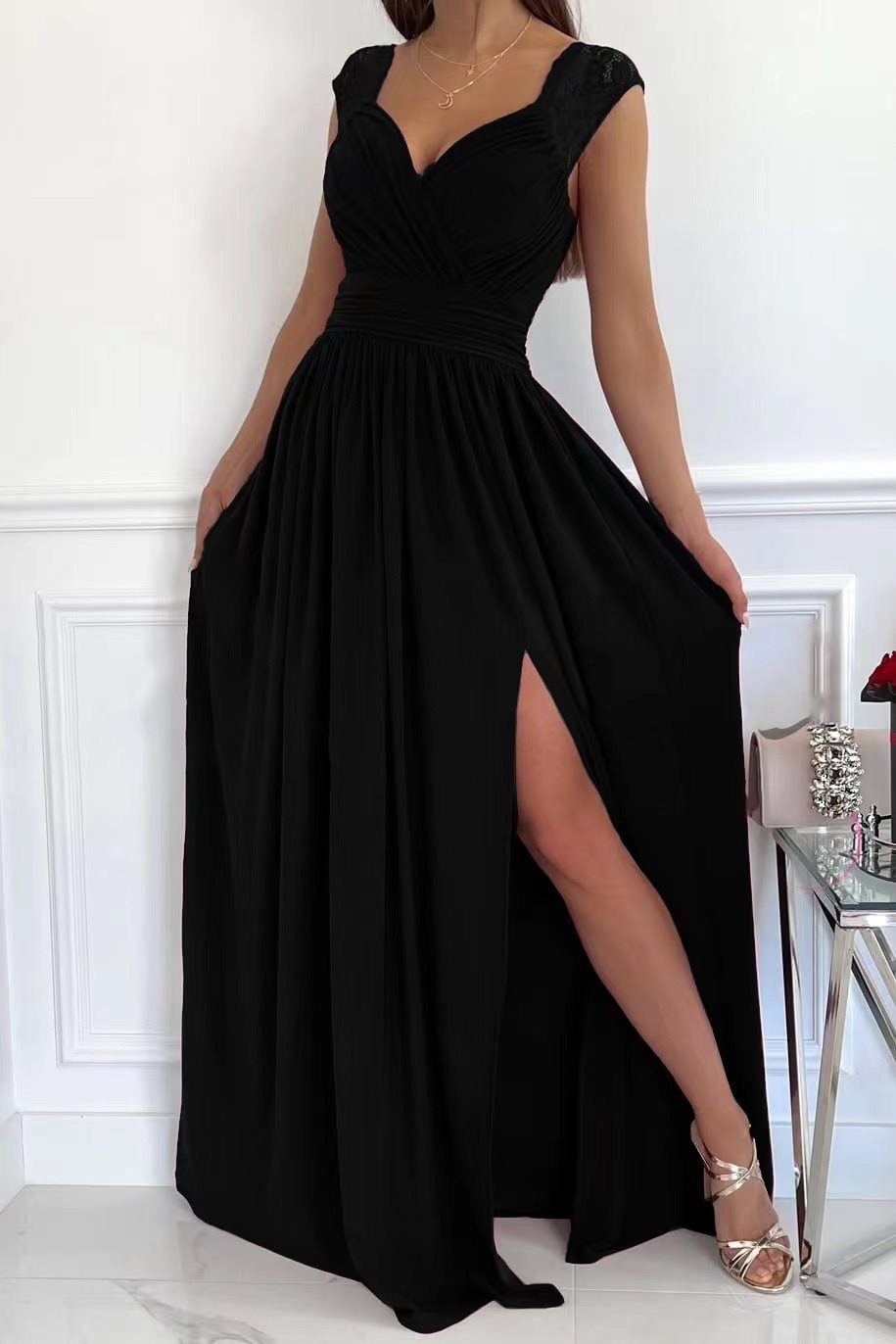Robe maxi élégante pour femmes avec des manches en dentelle et une fente latérale Chic und Stil