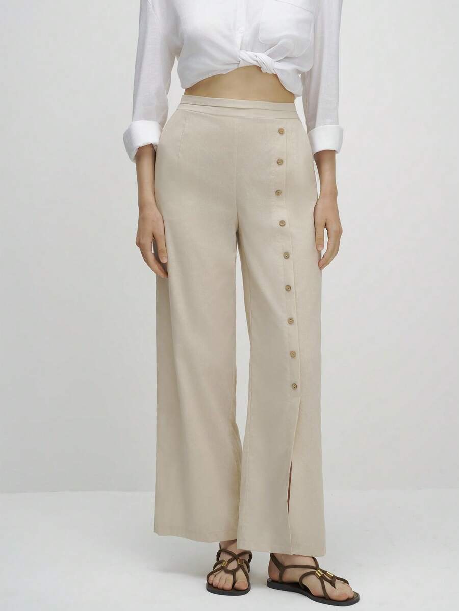 Linen wide-leg pants for women with button details and elegant slit Chic and Style