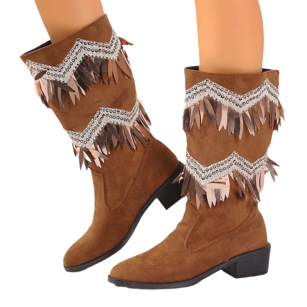 Bottes pour femmes avec des franges à la mode et des détails pailletés Chic und Stil