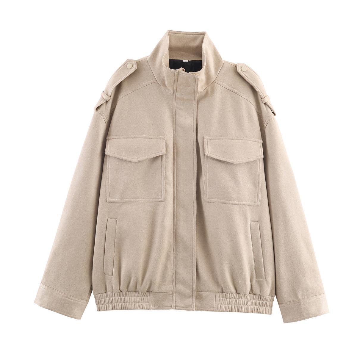 Faux leather jacket for women with practical flap pockets and modern high collar Chic and Style