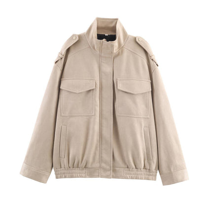 Faux leather jacket for women with practical flap pockets and modern high collar Chic and Style