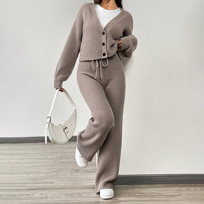 Ladies' soft knit set with casual pants and short cardigan Chic and Style