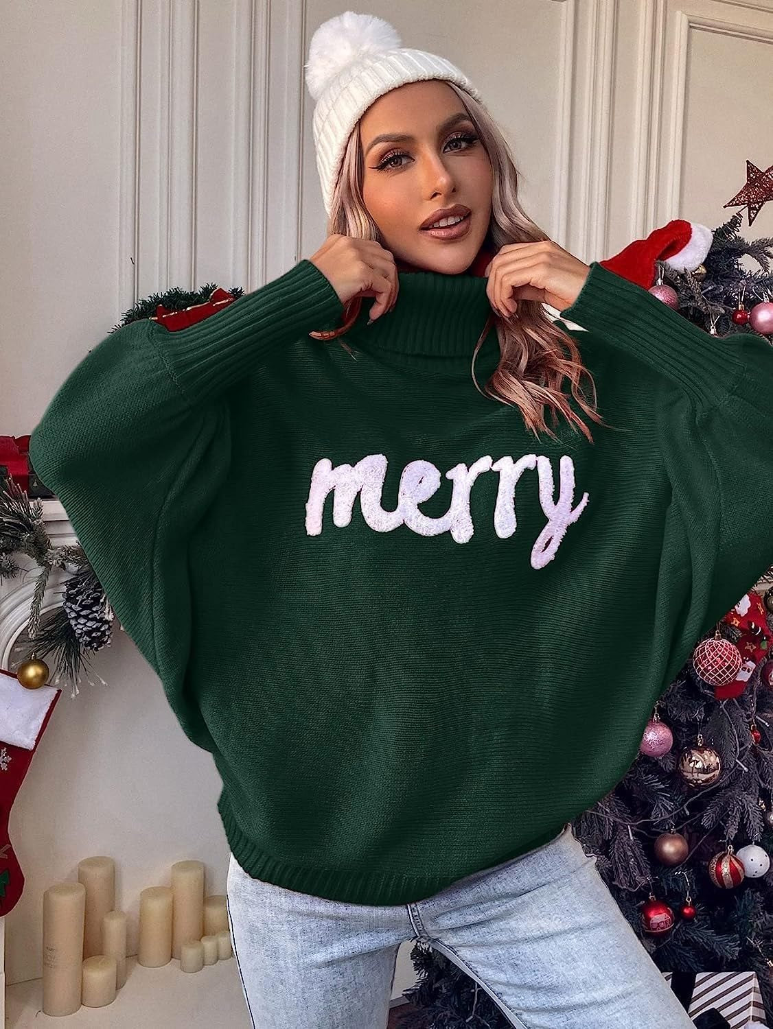 Pull à col roulé surdimensionné pour femmes avec inscription festive Chic und Stil