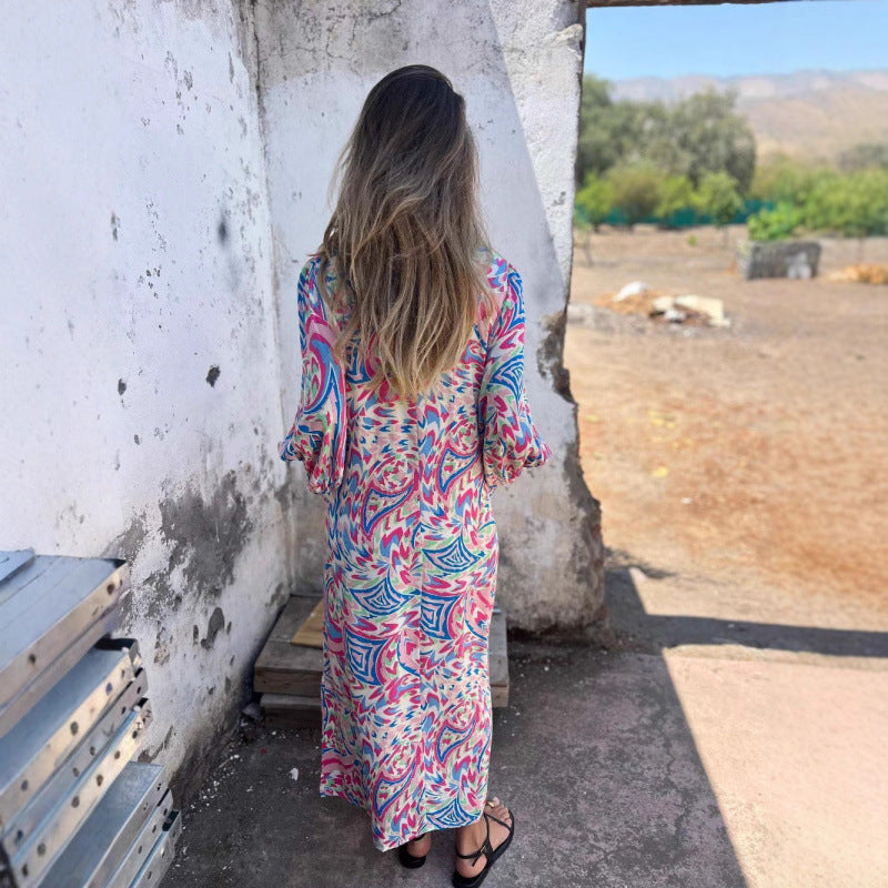 Robe maxi décontractée pour femmes avec décolleté en V et manches volumineuses Chic und Stil